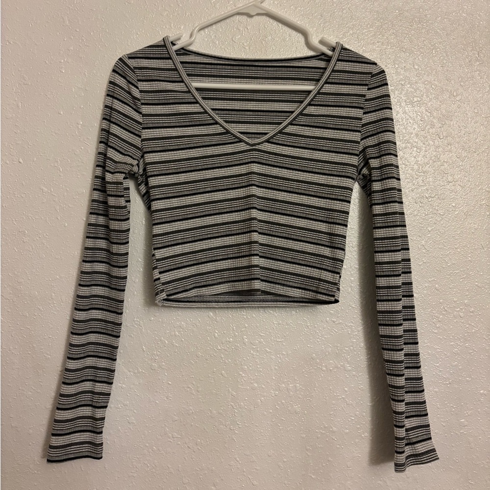 Black, white and grey striped long sleeve crop top (fits S or M)